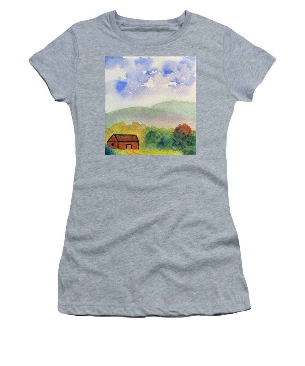 Berkshires Women's T-Shirt featuring the painting Home Tucked Into Hill by Anne Katzeff