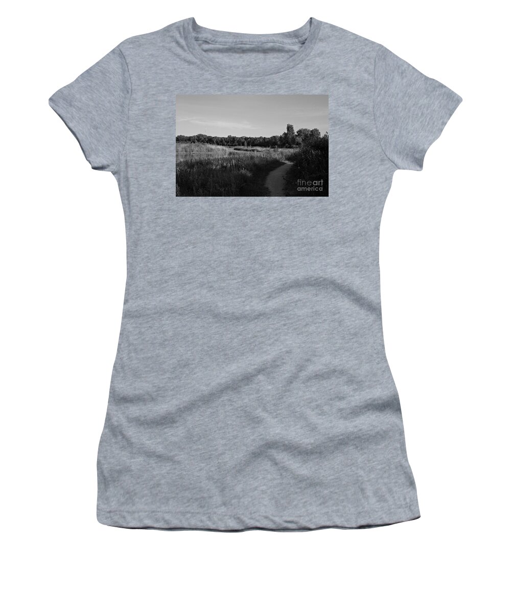 Nature Women's T-Shirt featuring the photograph Homewood Izaak Walton Prairie Lake - Black and White by Frank J Casella