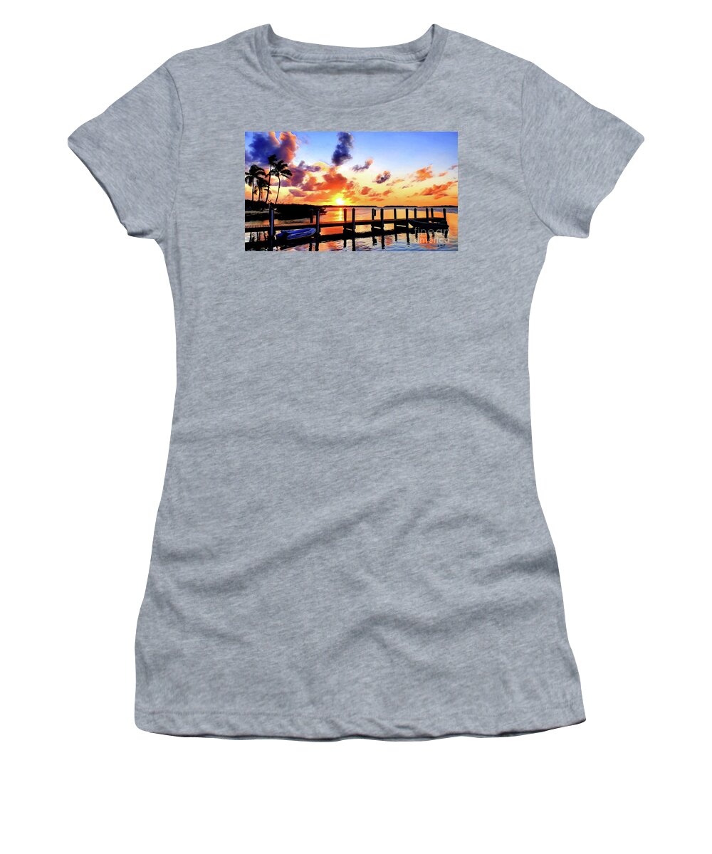 Islamorada Golden Glow Sunset Dock Boat Water Peace Serenity Happiness Blue Sky Palm Trees Reflections Eileen Kelly Artistic Aftermath Live Love Light Horizon Hope Grateful Women's T-Shirt featuring the digital art Hope on the Horizon by Eileen Kelly