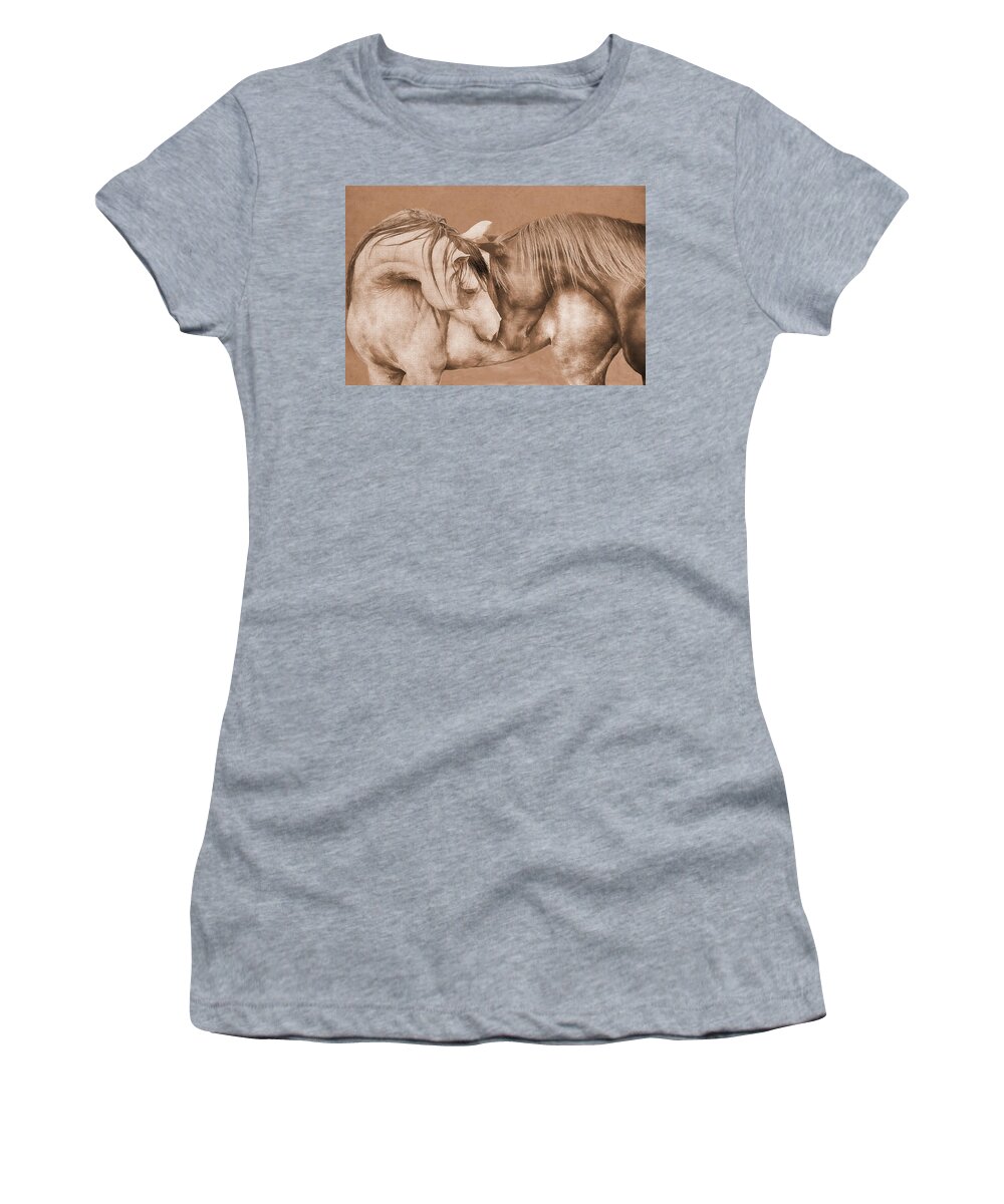 Nuzzling Horses Women's T-Shirt featuring the digital art Horses Nuzzling Sepia Tones by Steve Ladner