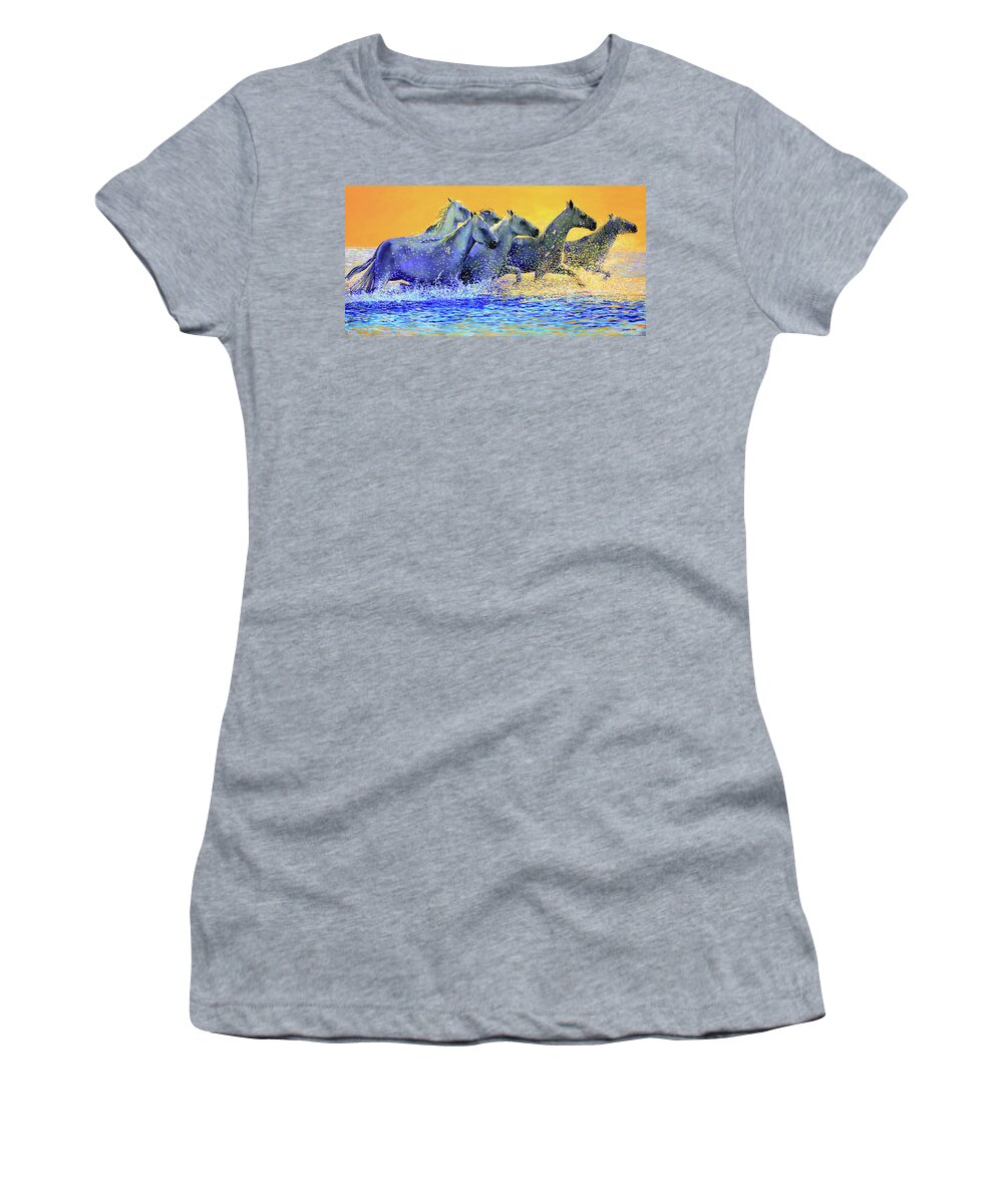Horses Women's T-Shirt featuring the painting Horses Running the Beach at Sunset by Karl Wagner