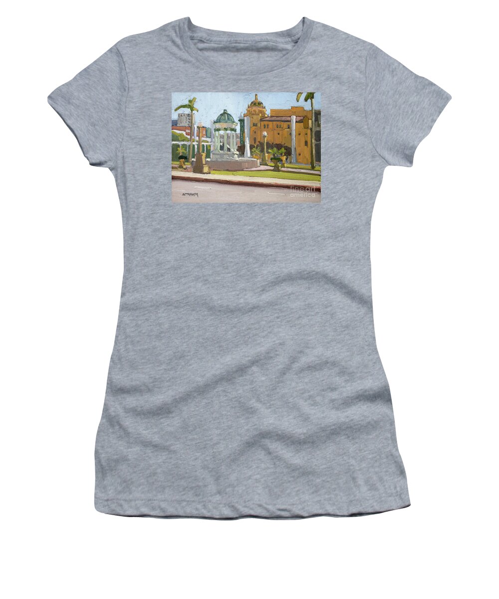 Horton Plaza Park Women's T-Shirt featuring the painting Horton Plaza Park - Gaslamp Quarter, San Diego, California by Paul Strahm