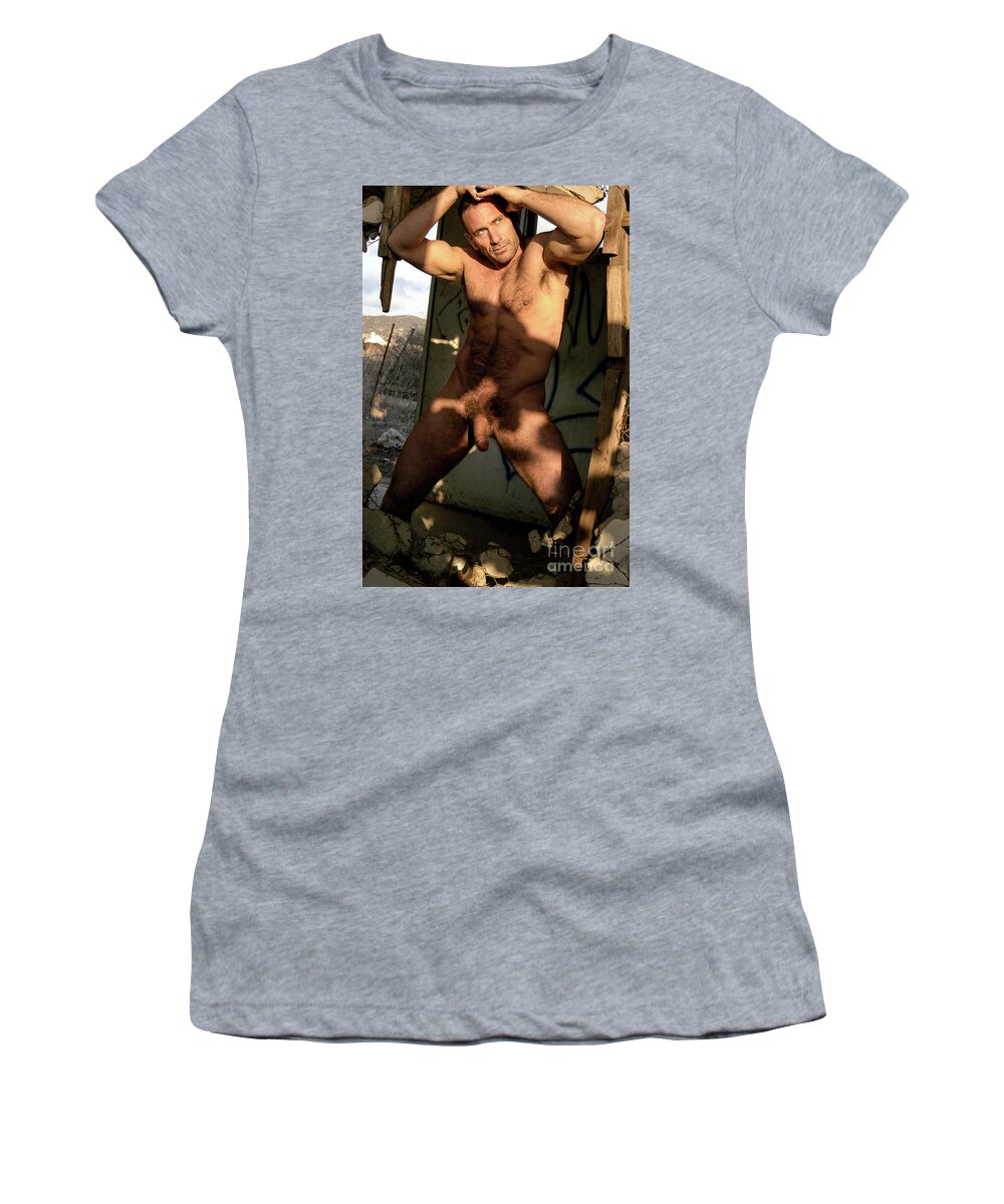 Young Women's T-Shirt featuring the photograph Hot male boxer stripped naked for photoshoot. by Gunther Allen