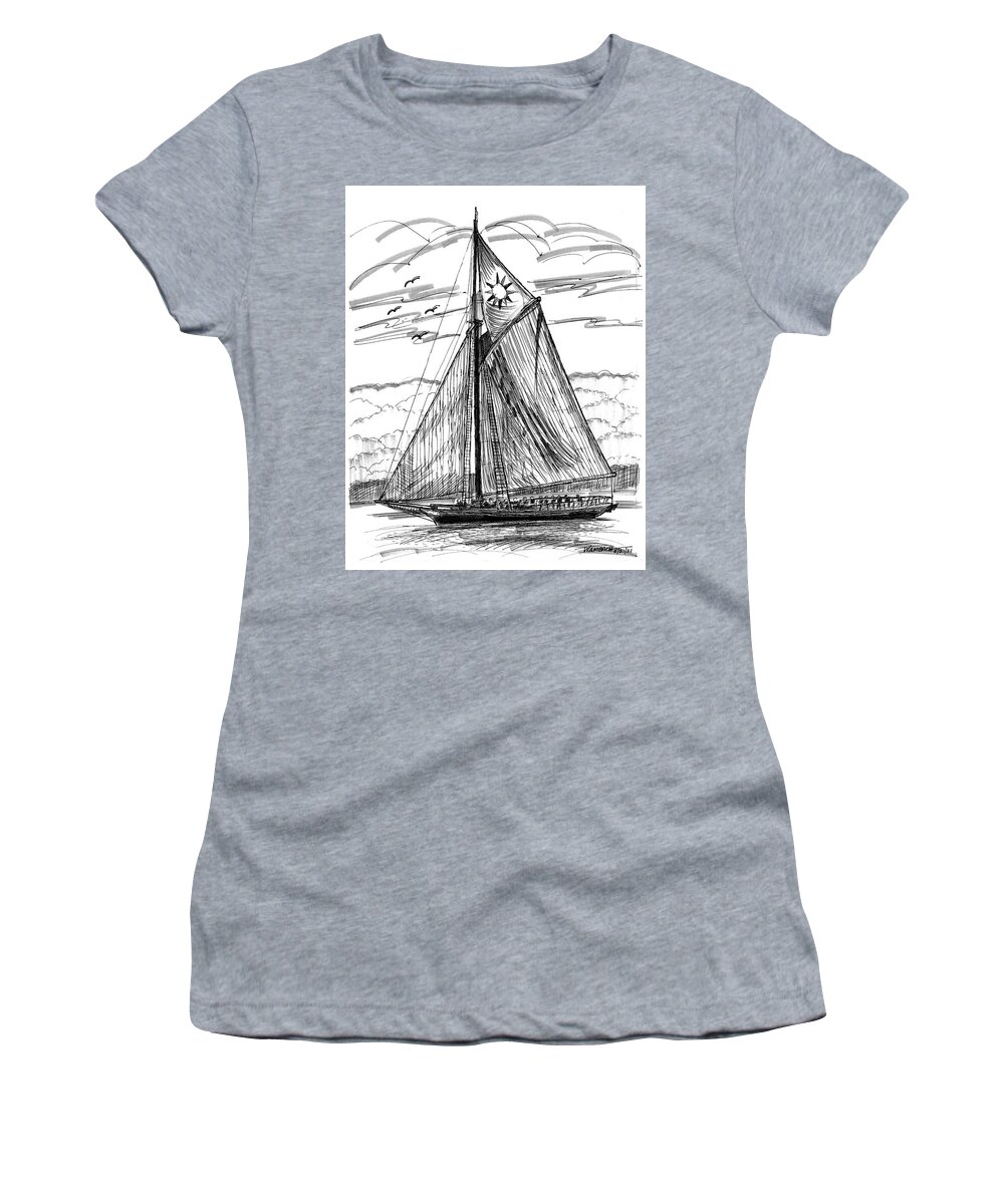 Hudson River Women's T-Shirt featuring the drawing Hudson River Sloop Clearwater by Richard Wambach