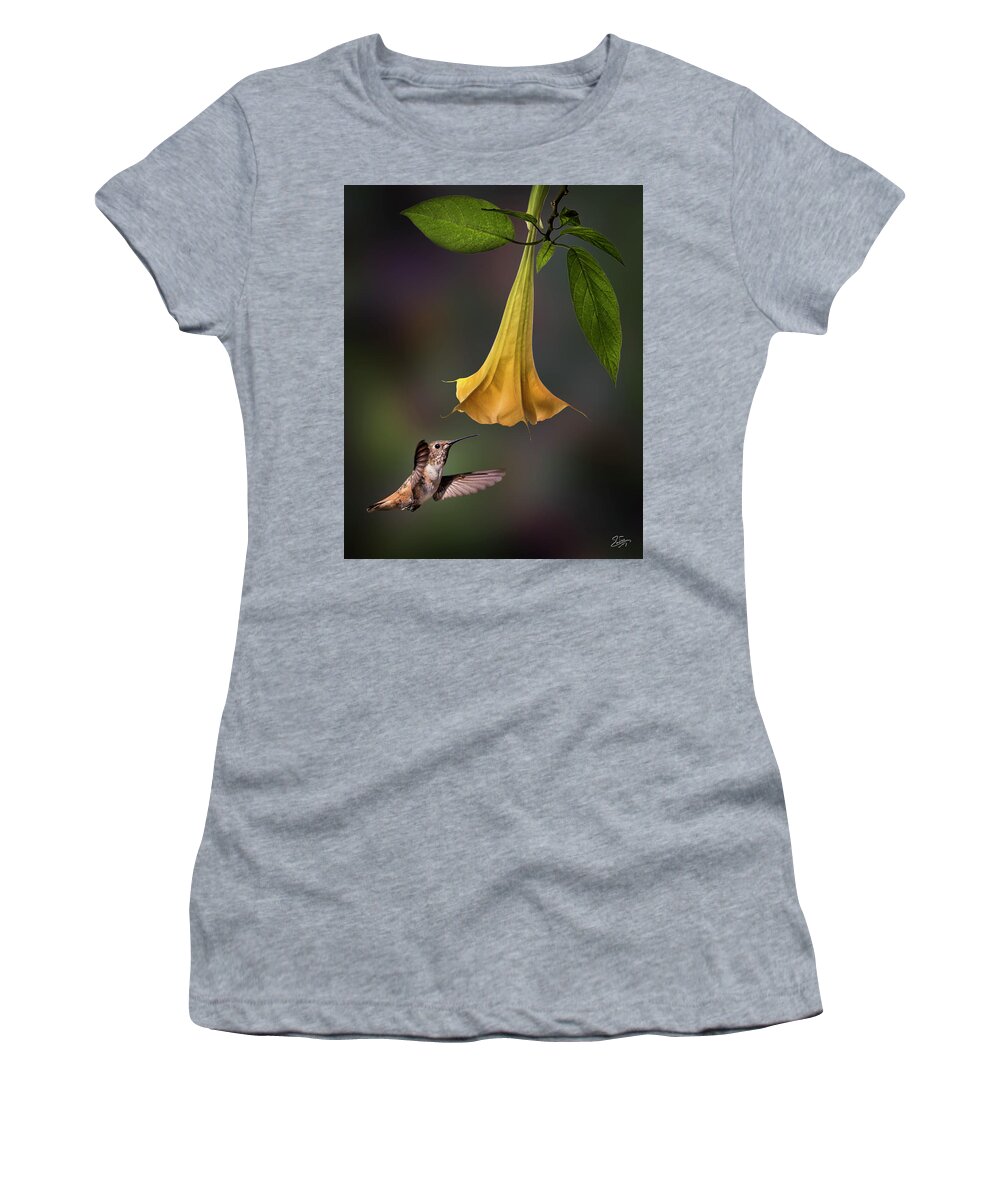 Hummingbird Women's T-Shirt featuring the photograph Hummingbird and Angel Trumpet by Endre Balogh