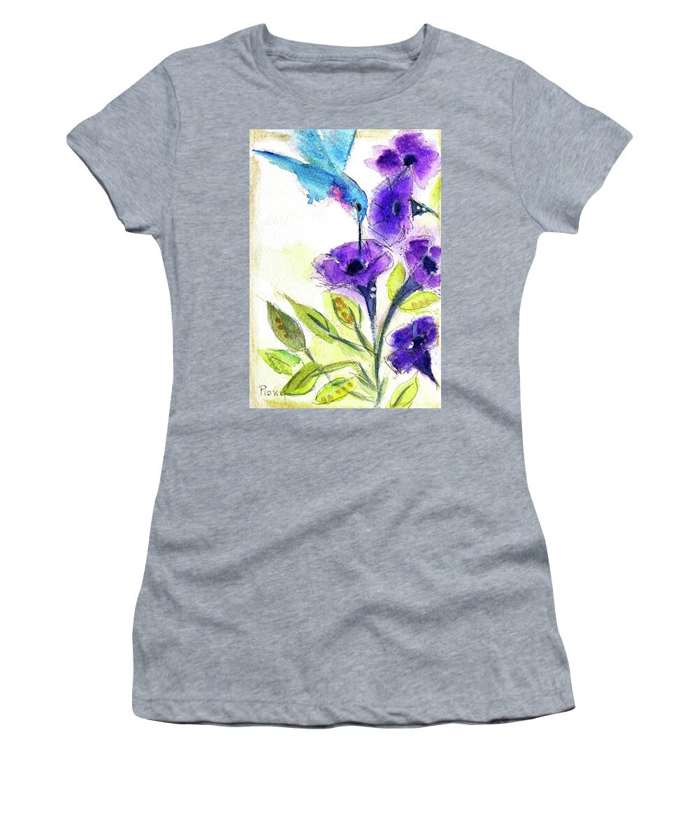 Hummingbird Painting Women's T-Shirt featuring the painting Hummingbird in the Purple Flowers by Roxy Rich