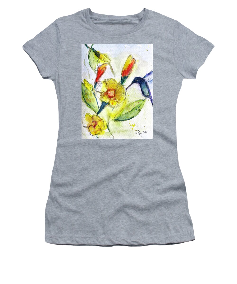 Watercolor Women's T-Shirt featuring the painting Hummingbird in the Tube Flowers by Roxy Rich