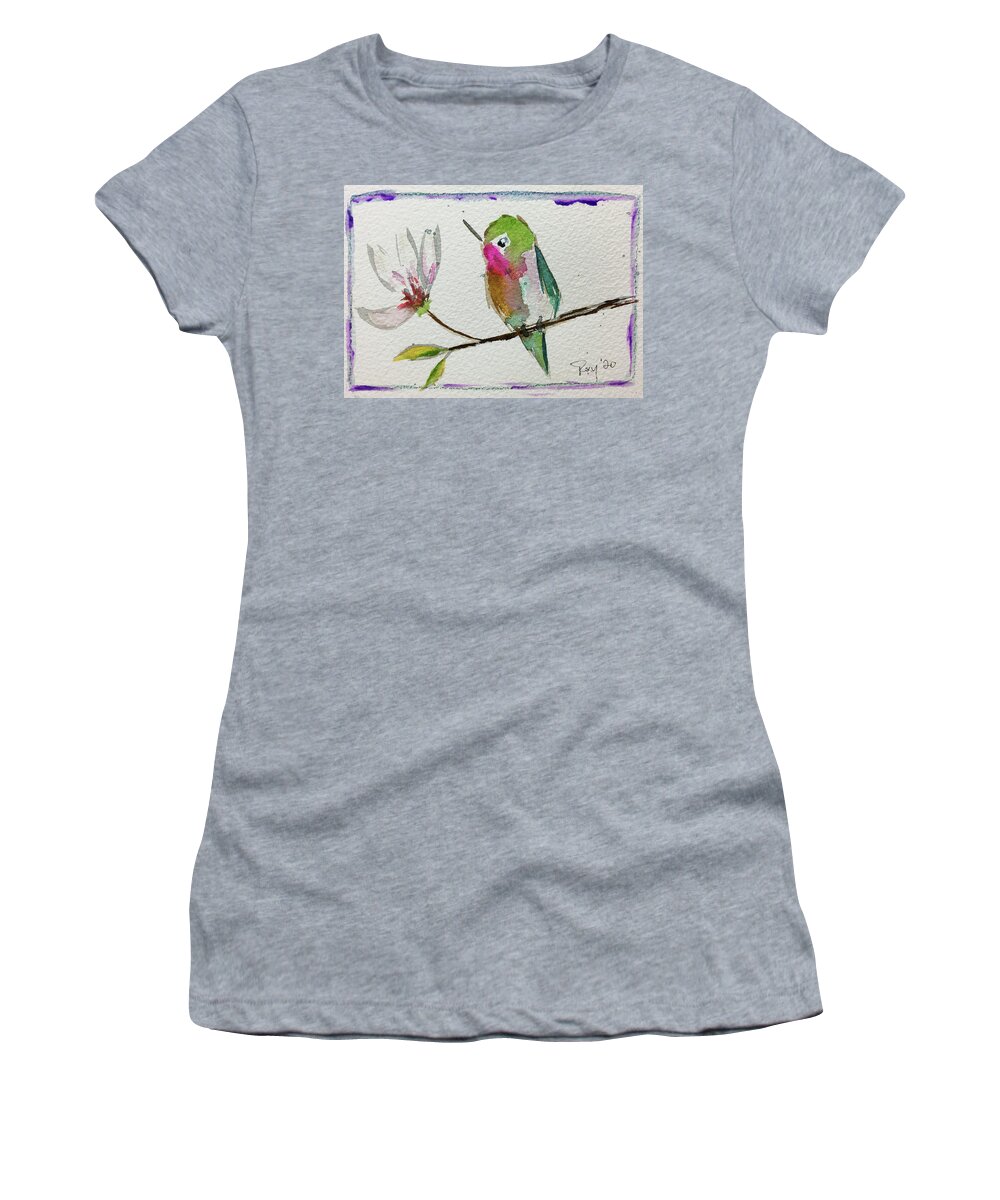 Grand Tit Women's T-Shirt featuring the painting Hummingbird with Magnolia Blossom by Roxy Rich
