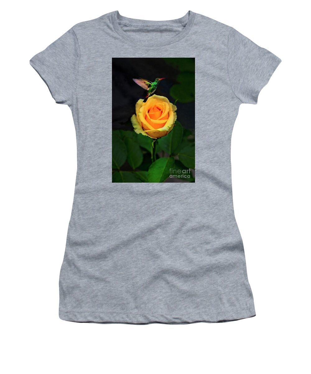 2223f Women's T-Shirt featuring the photograph Hummingbirds and Flowers, a Perfect Match by Al Bourassa