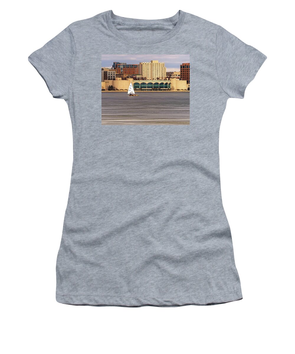 Ice Boats Women's T-Shirt featuring the photograph Ice boat and Monona Terrace - Madison - Wisconsin by Steven Ralser