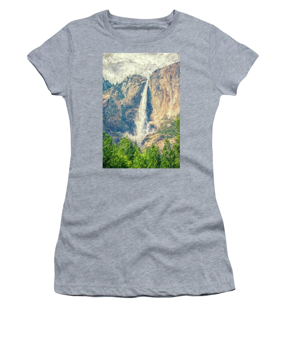 Yosemite National Park Women's T-Shirt featuring the digital art Iconic Upper Yosemite Falls Painterly Style by Joseph S Giacalone