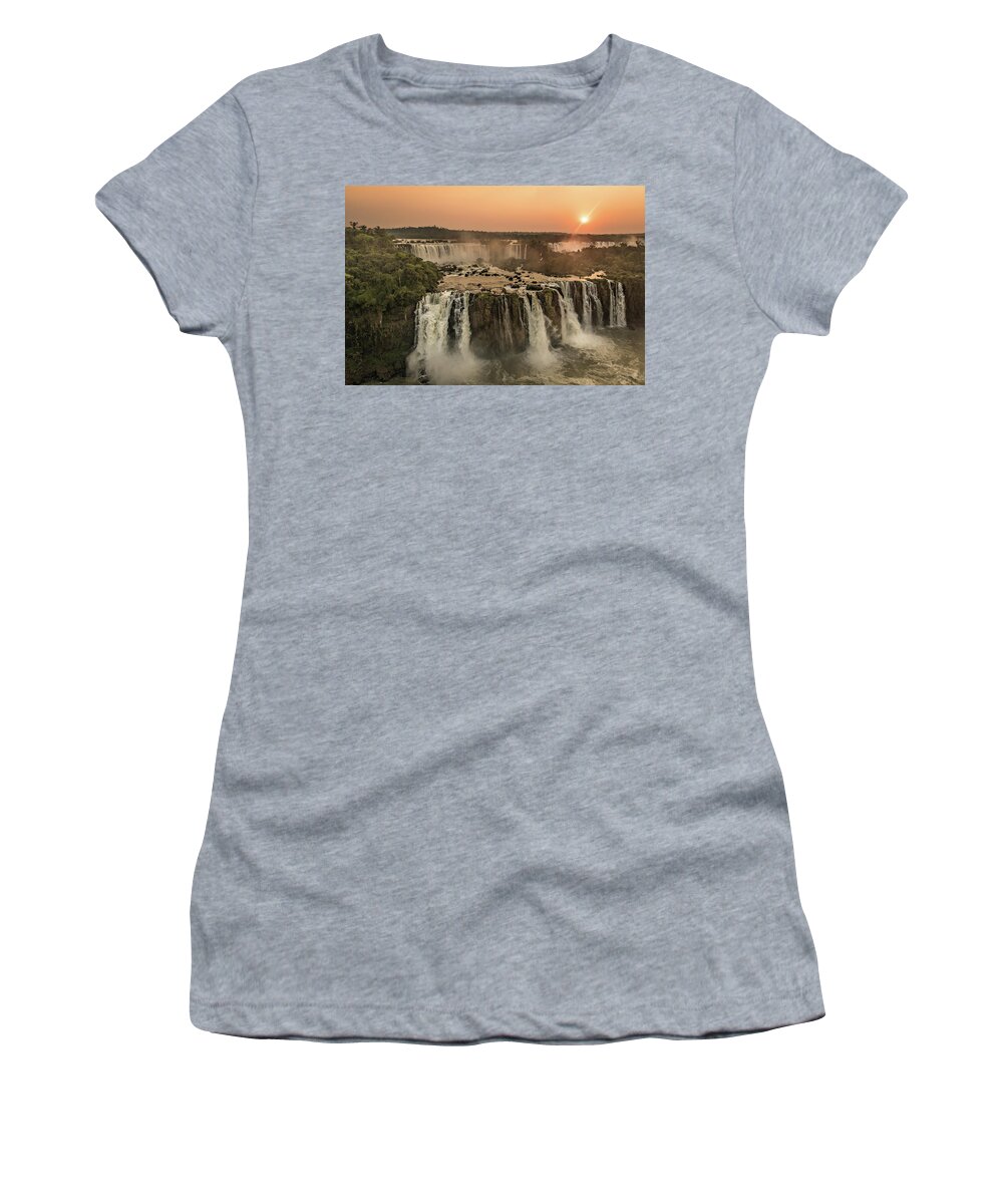 Waterfall Women's T-Shirt featuring the photograph Iguazu Sunset by Linda Villers
