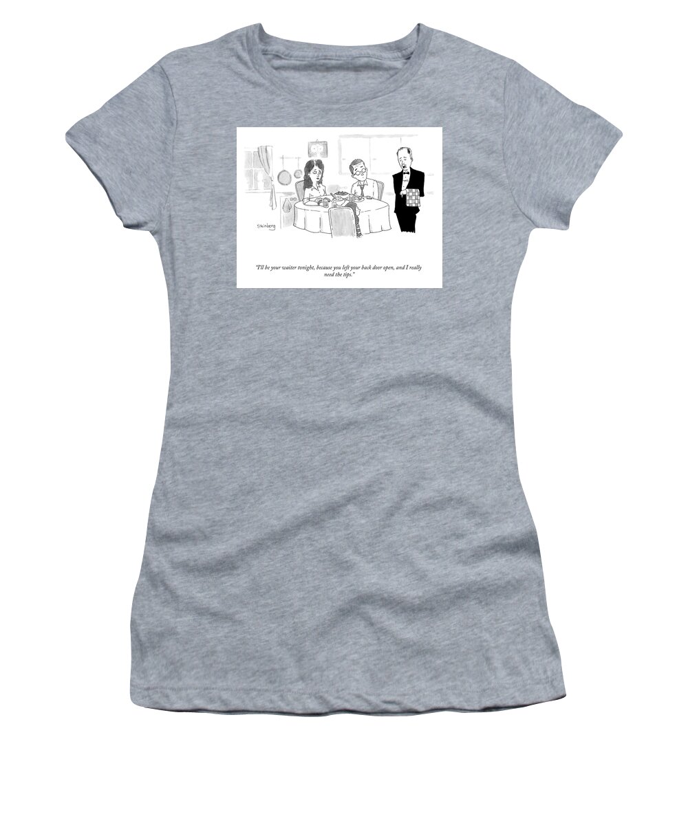 A21638 Women's T-Shirt featuring the drawing I'll be Your Waiter Tonight by Avi Steinberg