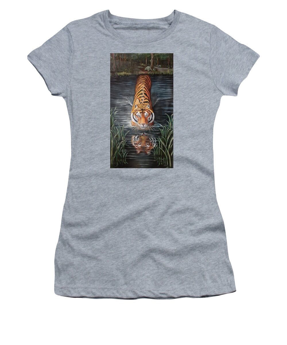 Tiger In Water Women's T-Shirt featuring the painting In My Way by Ruben Archuleta - Art Gallery