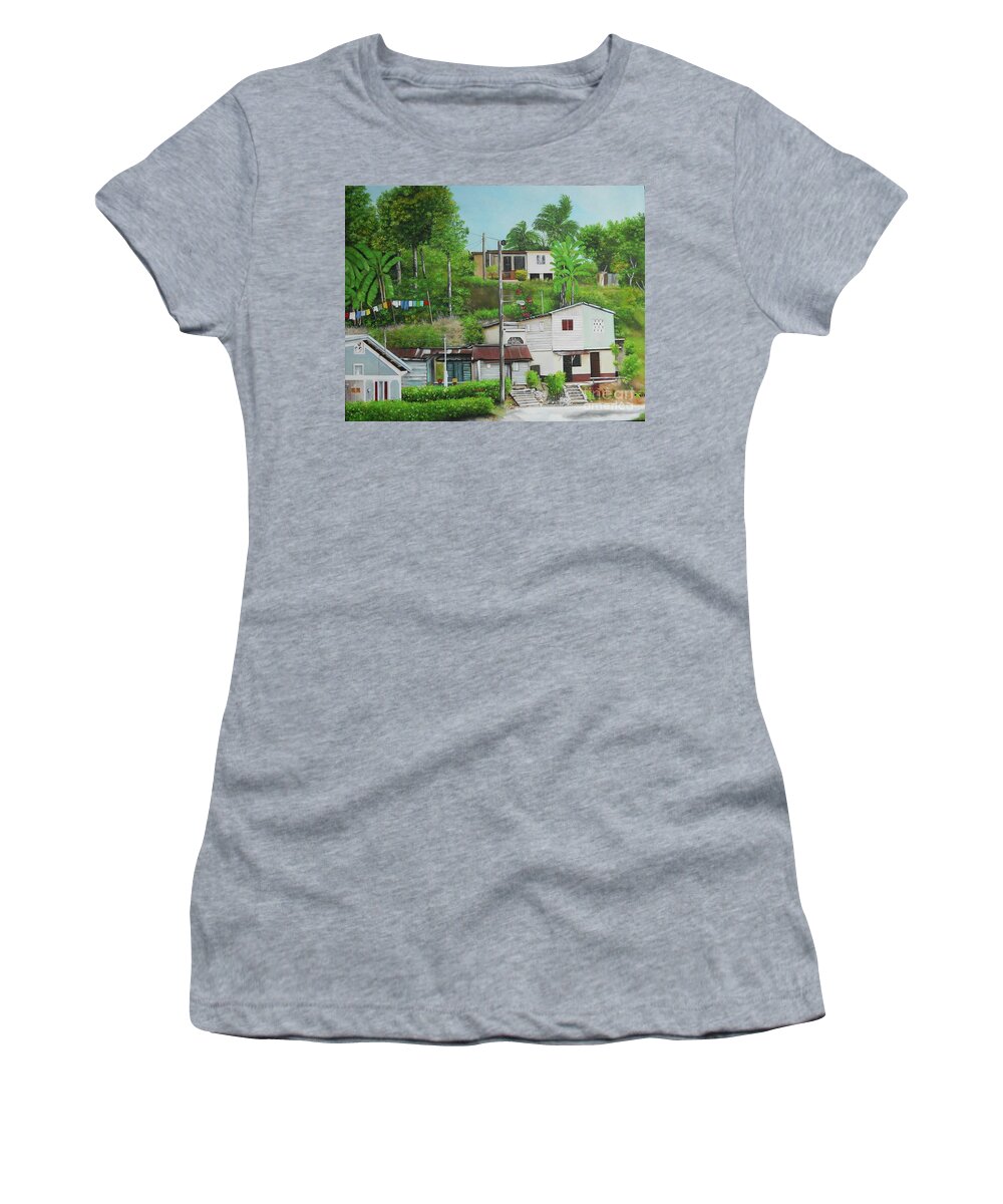 Jamaica Art Women's T-Shirt featuring the painting Island Village by Kenneth Harris