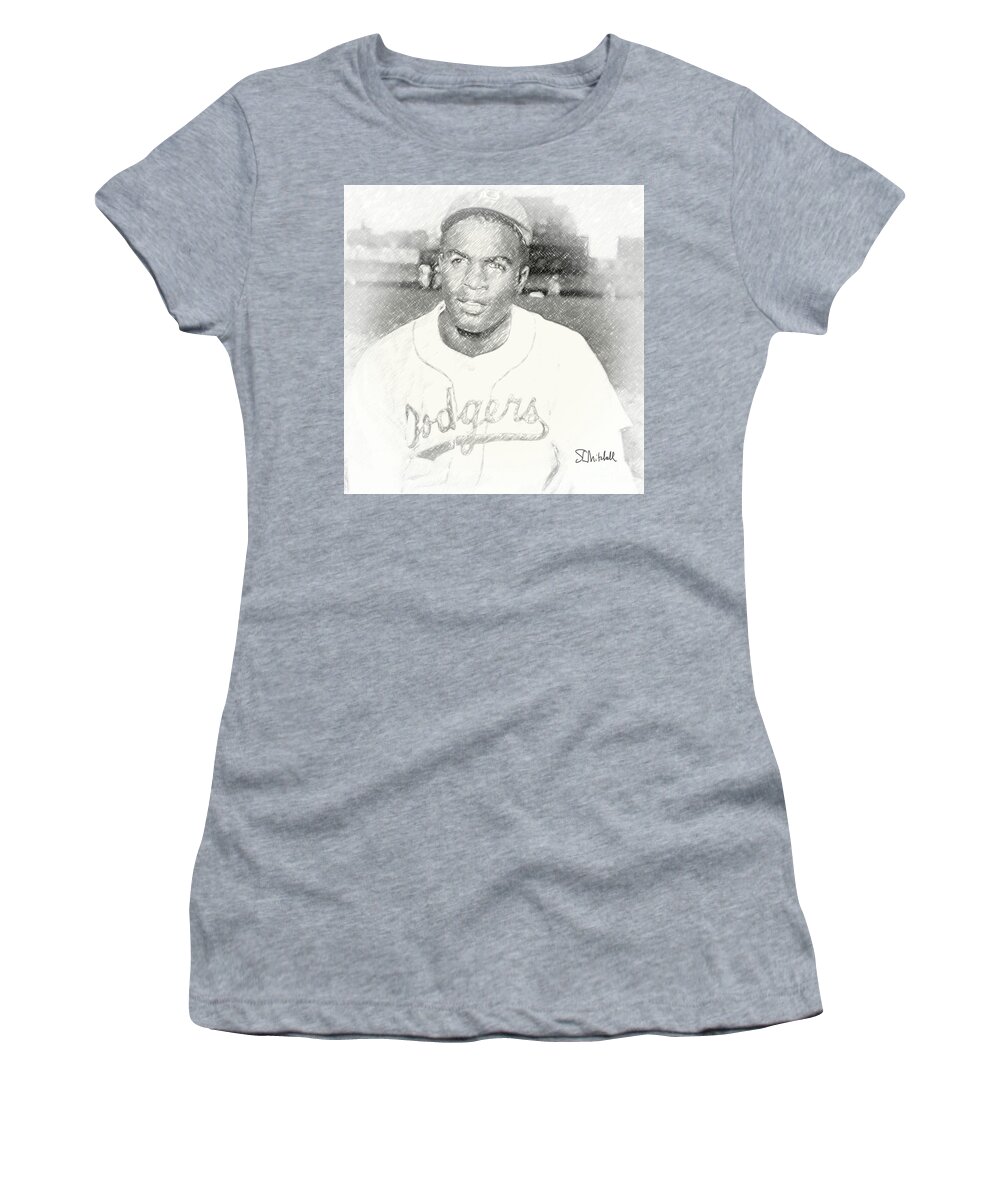 New York Women's T-Shirt featuring the drawing Jackie Robinson by Steve Mitchell