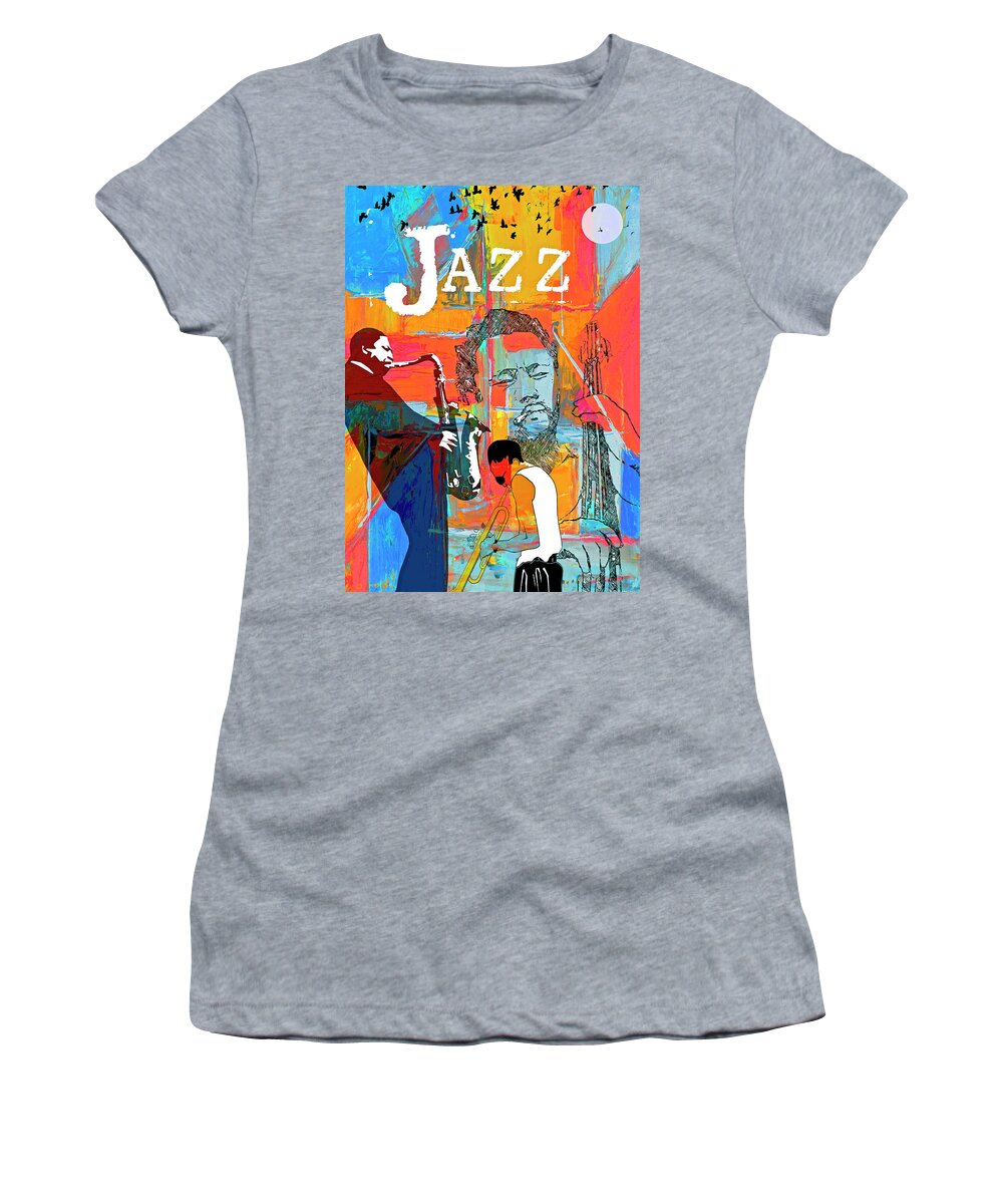 Collage Women's T-Shirt featuring the digital art Jazz Greats - Miles. Mingus. Coltrane. by Regina Wyatt