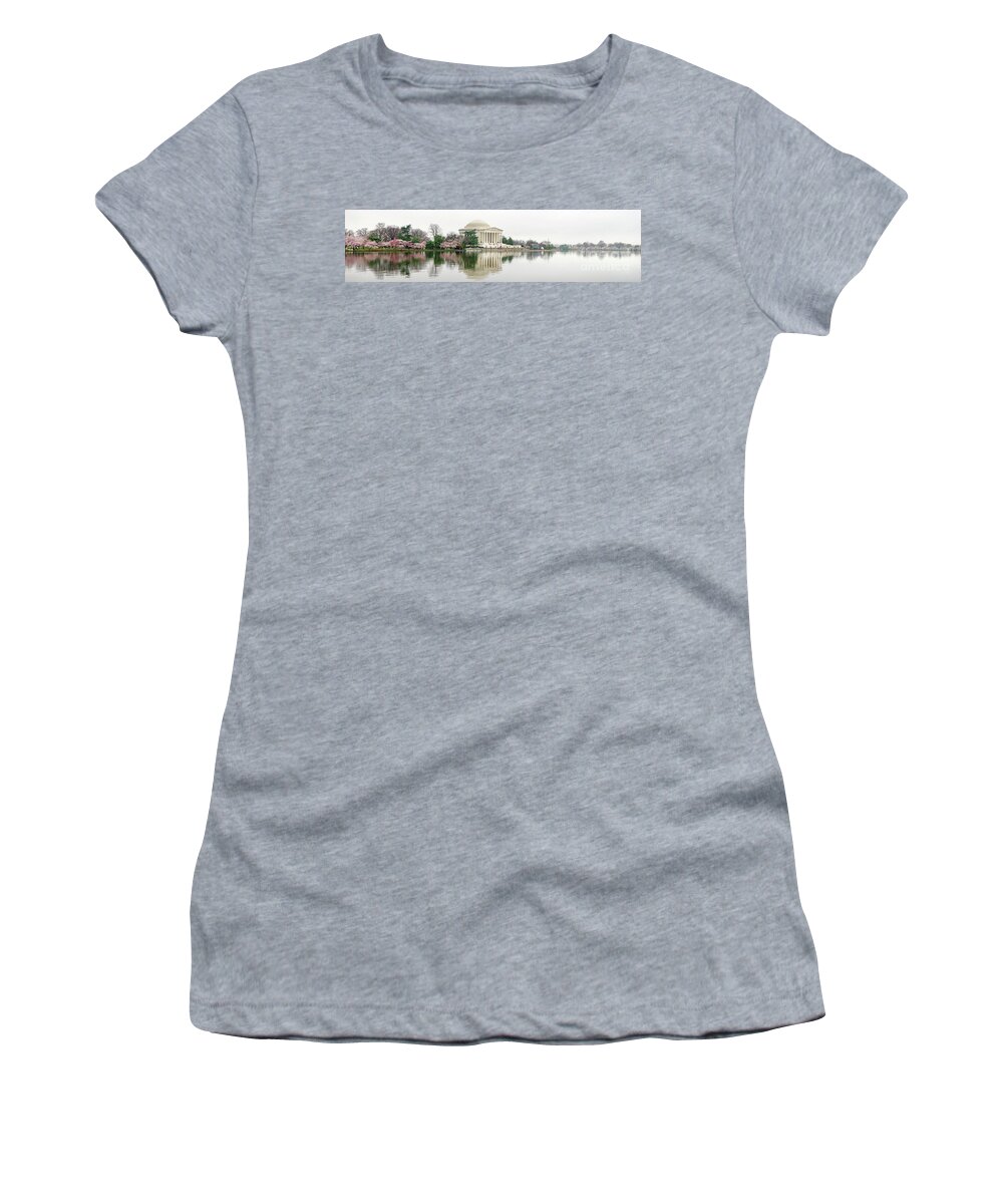 Tidal Basin Women's T-Shirt featuring the photograph Jefferson Memorial and Cherry Blossoms Panorama by Jack Schultz