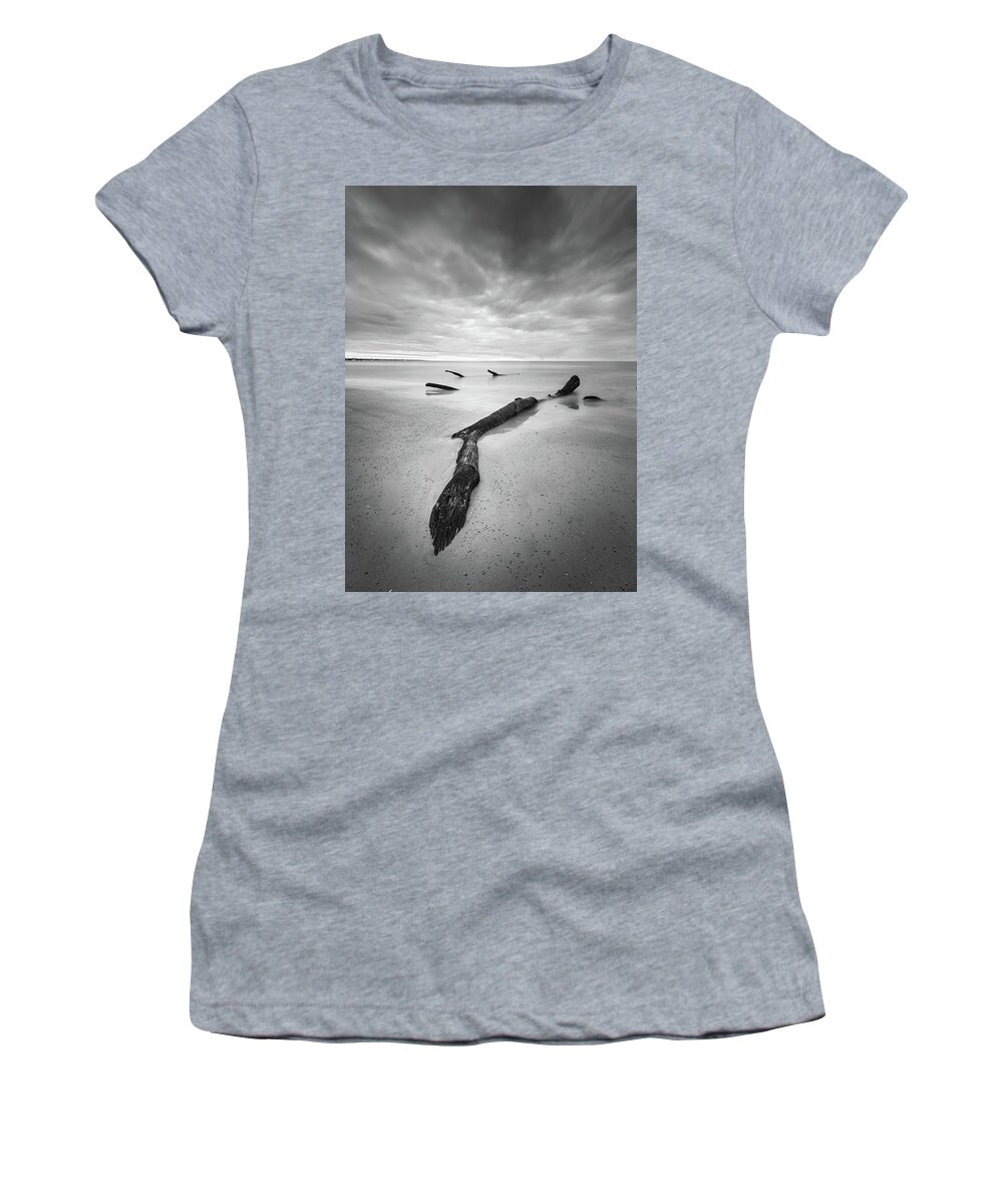 Driftwood Beach Women's T-Shirt featuring the photograph Jekyll Island Driftwood In Black And White by Jordan Hill