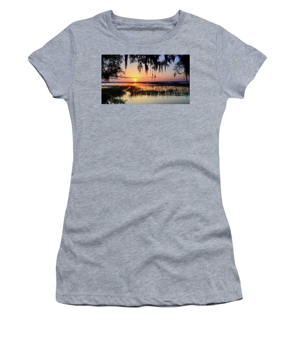 Sunset Women's T-Shirt featuring the photograph Jekyll Island Sunset Through The Spanish Moss by Robert Stephens