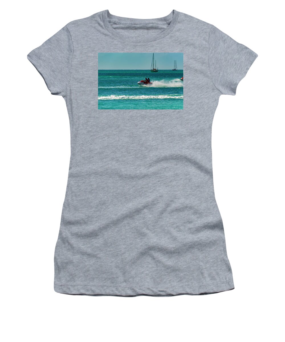 Water; Color; Boats; Travel; Sport; Skies Women's T-Shirt featuring the photograph Jet Skiing by AE Jones