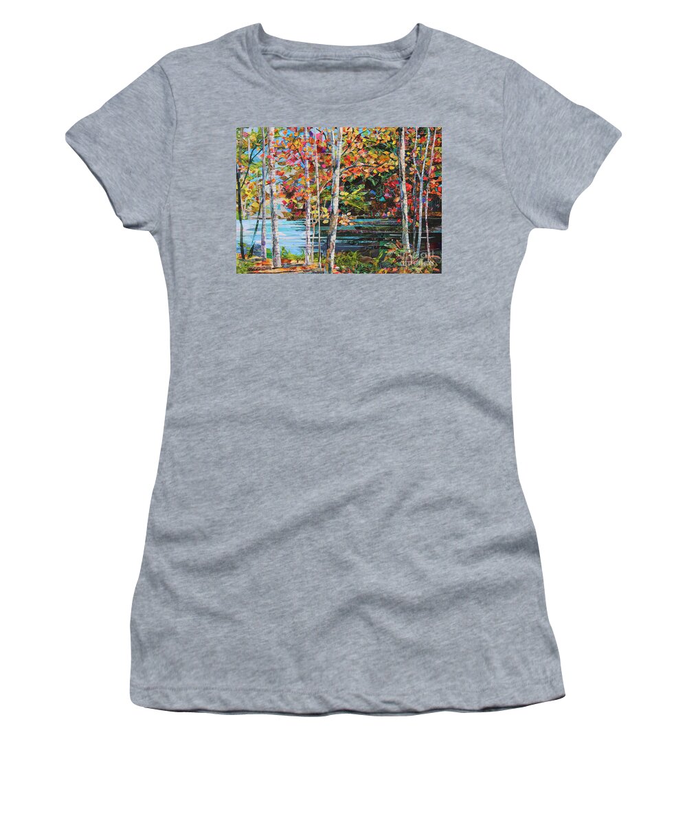 Collage Collages Torn Paper Assemblage Mixed Media Lake Lakes Julian Pond Ponds Forest Tree Trees Birch Autumn Fall Seasons Color Colorful Leaves Water Women's T-Shirt featuring the mixed media Jewels Of Julian by Li Newton