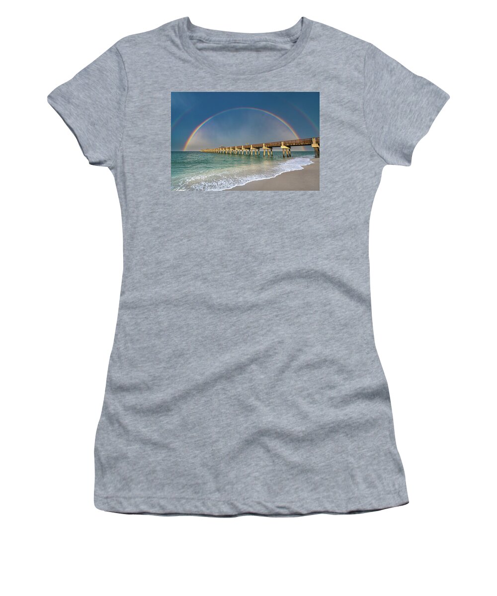 Juno Beach Pier Women's T-Shirt featuring the photograph Juno Beach Pier Rainbow June 19 2020 by Kim Seng