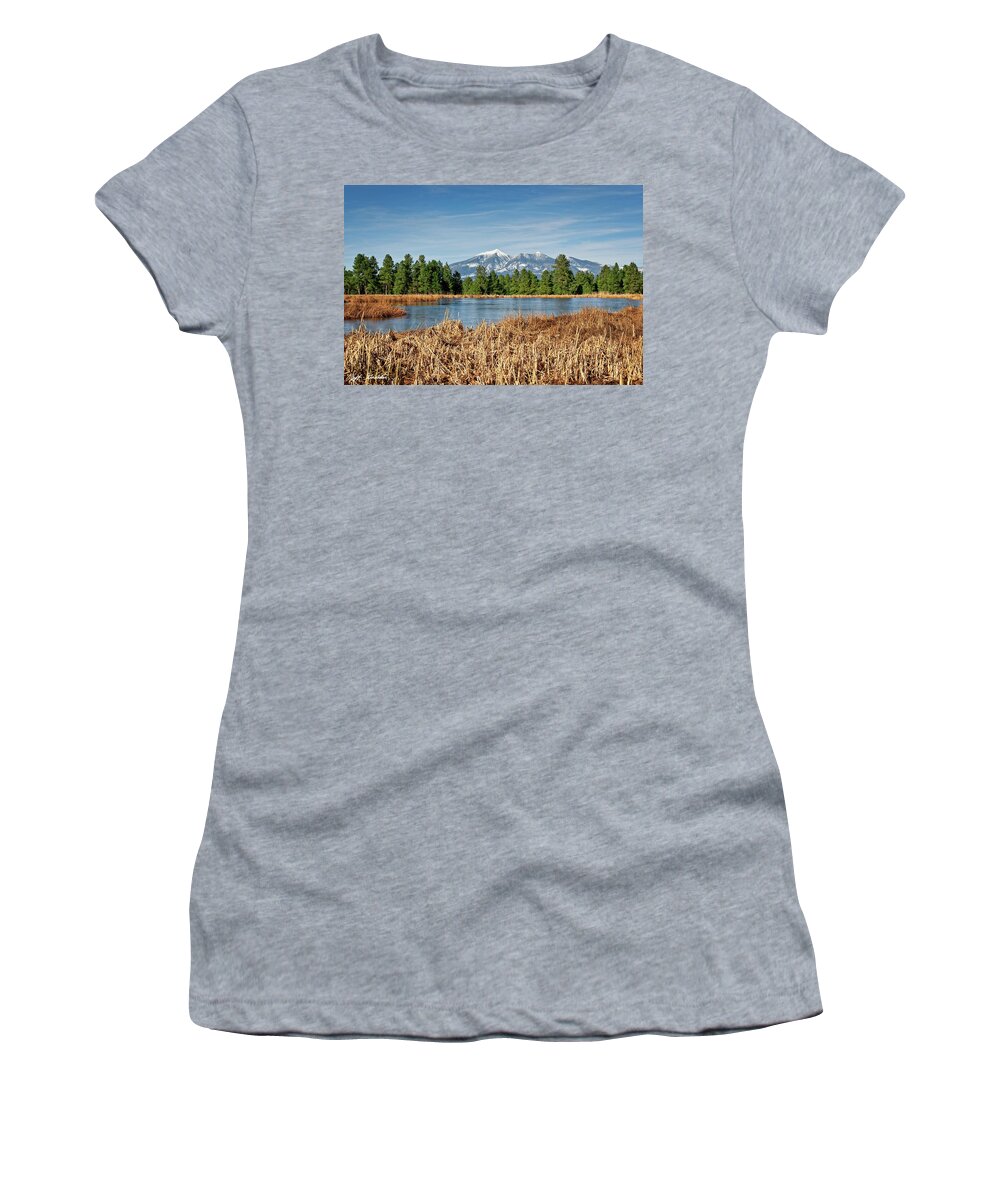 Arizona Women's T-Shirt featuring the photograph Kachina Wetlands and San Francisco Peaks by Jeff Goulden