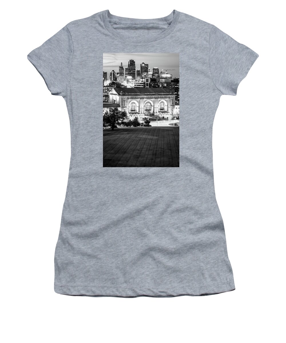 America Women's T-Shirt featuring the photograph Kansas City Skyline Cityscape - Vertical Black and White by Gregory Ballos