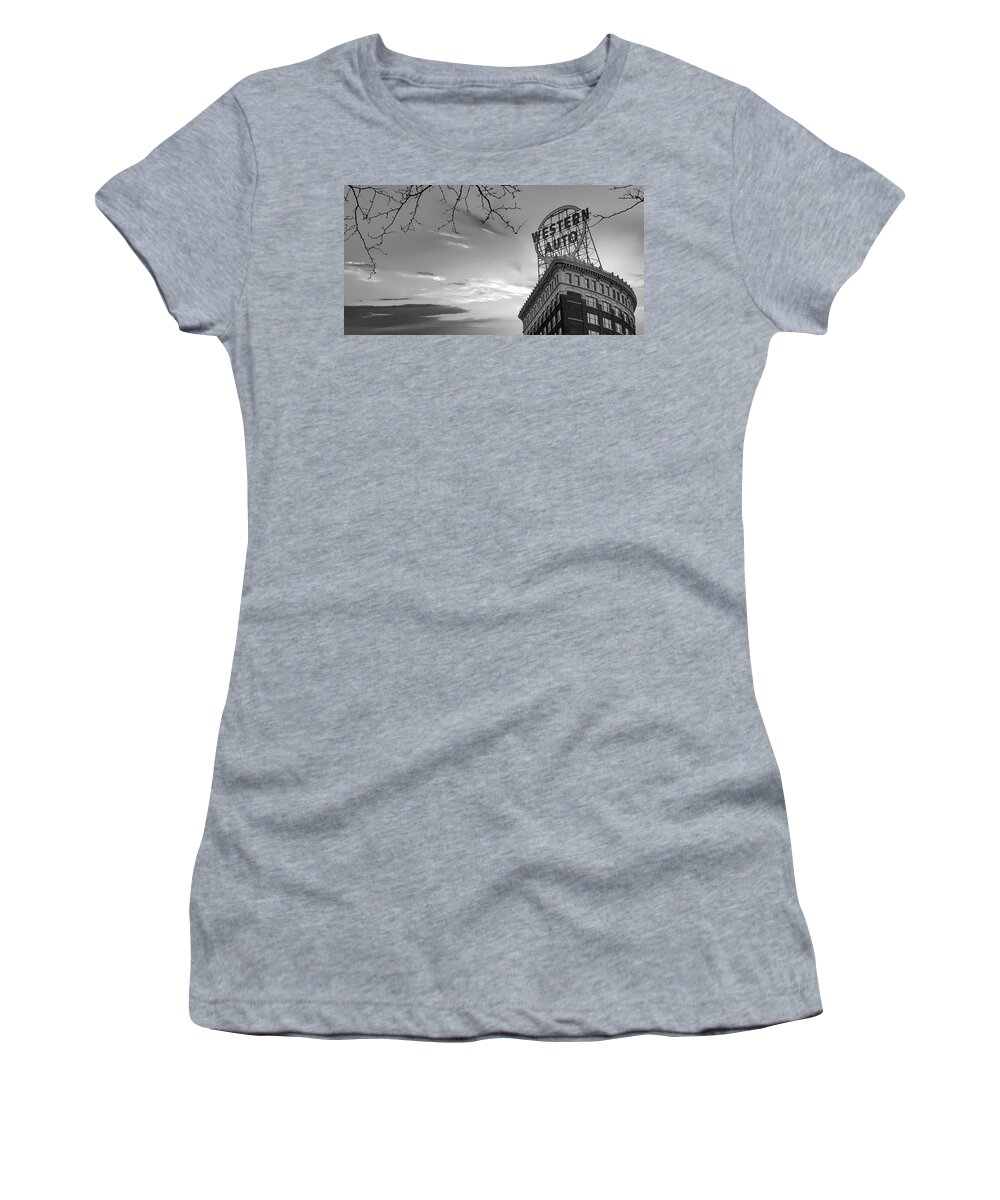 Western Auto Building Women's T-Shirt featuring the photograph Kansas City Western Auto Building Monochrome Panorama by Gregory Ballos
