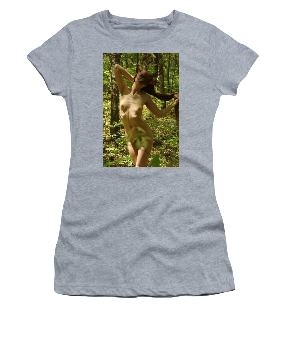 Nude Female Spring Forest Nymph Women's T-Shirt featuring the photograph Kazo0526 by Henry Butz