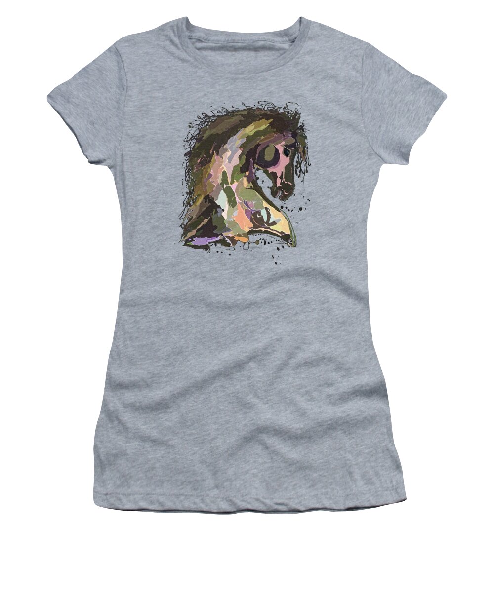  Women's T-Shirt featuring the painting Khaki and Pink Horse Splatter Pollock Style Design by OLena Art