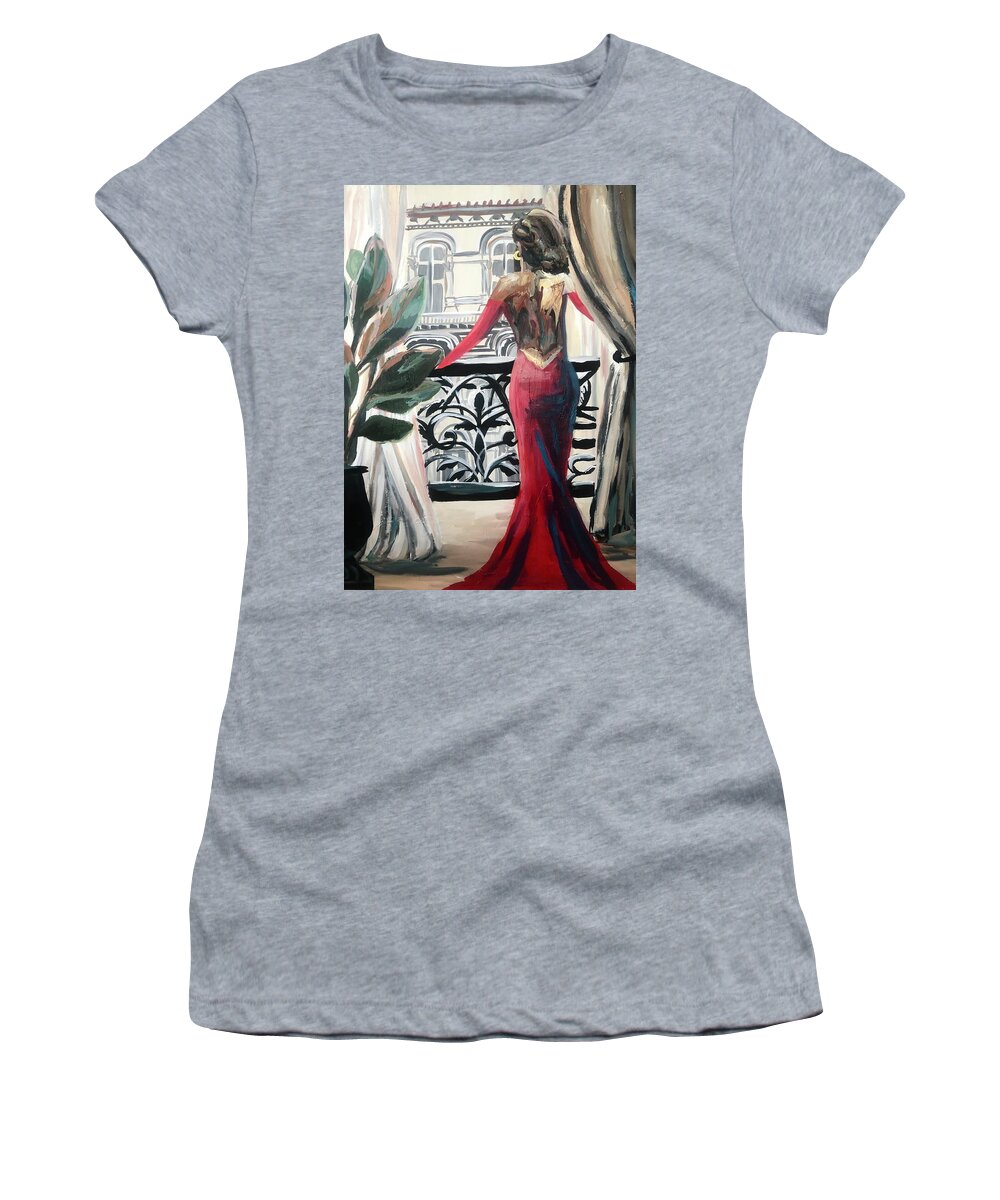 Woman Balcony European Red Red Dress Hoops Plant Fern Wrought Iron Curtains City Scape Woman Women Women's T-Shirt featuring the painting La Donna en Rossa by Meredith Palmer