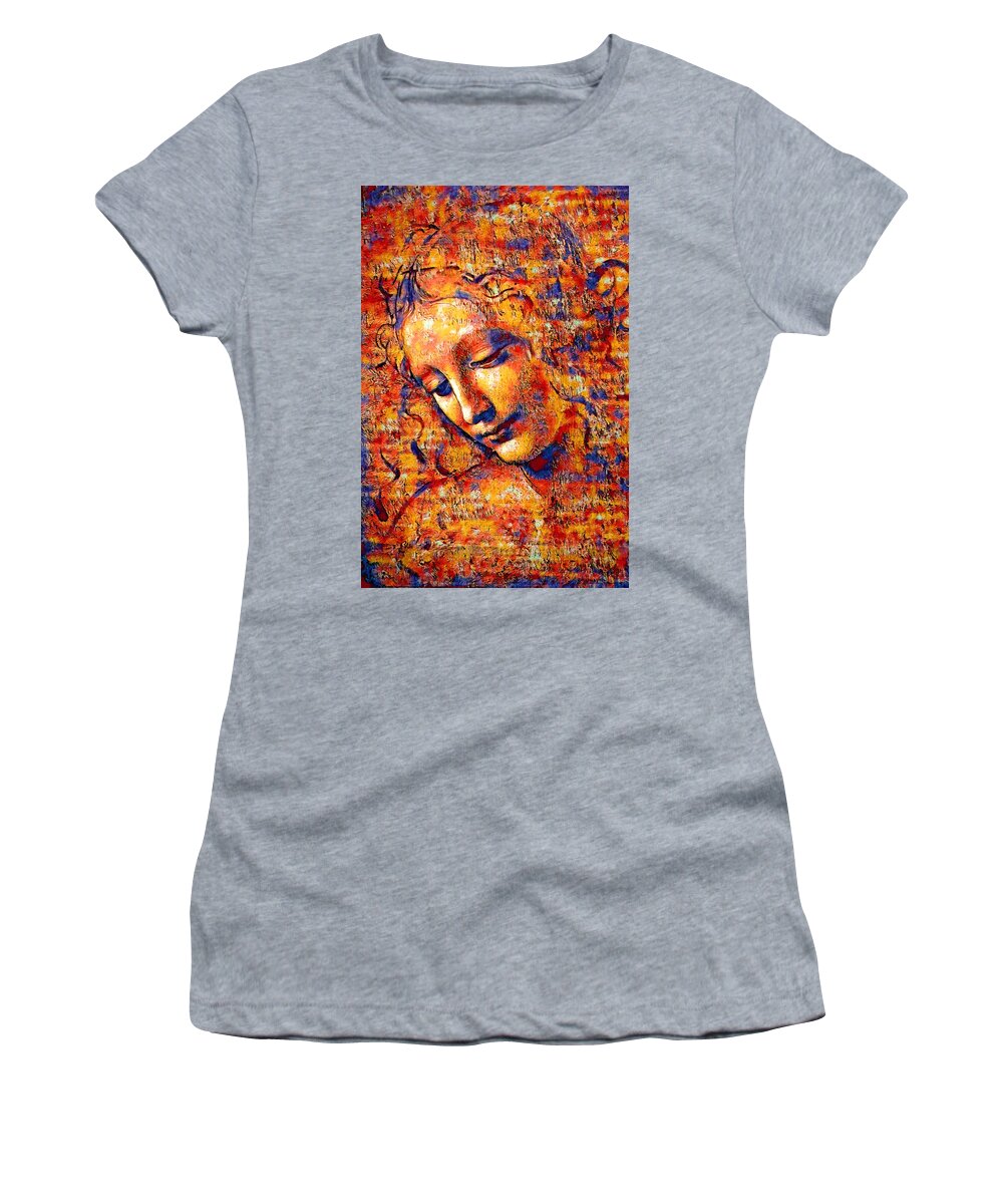 La Scapigliata Women's T-Shirt featuring the digital art La Scapigliata, 'The Lady with Dishevelled Hair', by Leonardo da Vinci - colorful dark orange by Nicko Prints