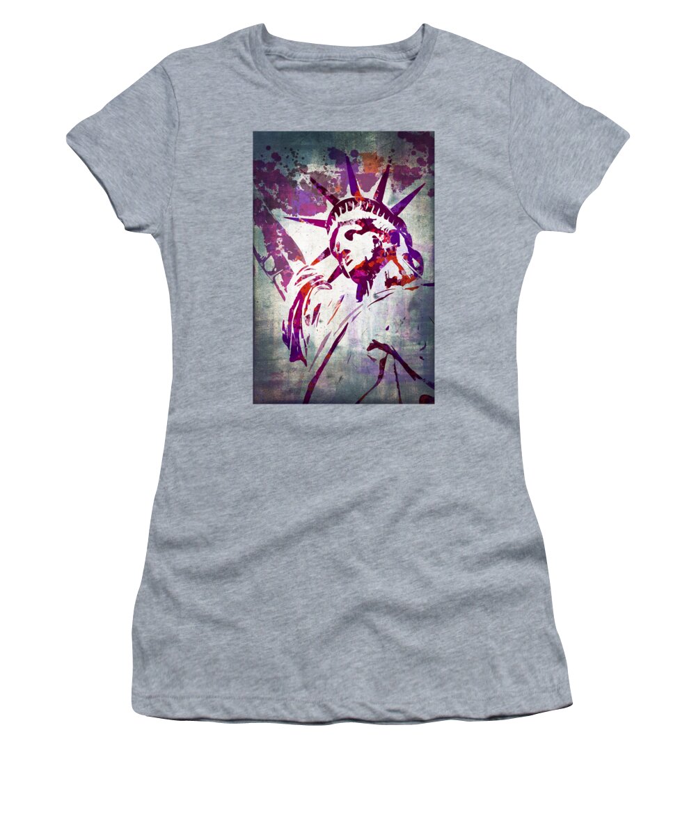 Statue Women's T-Shirt featuring the painting Statue of Liberty purple watercolor by Delphimages Photo Creations