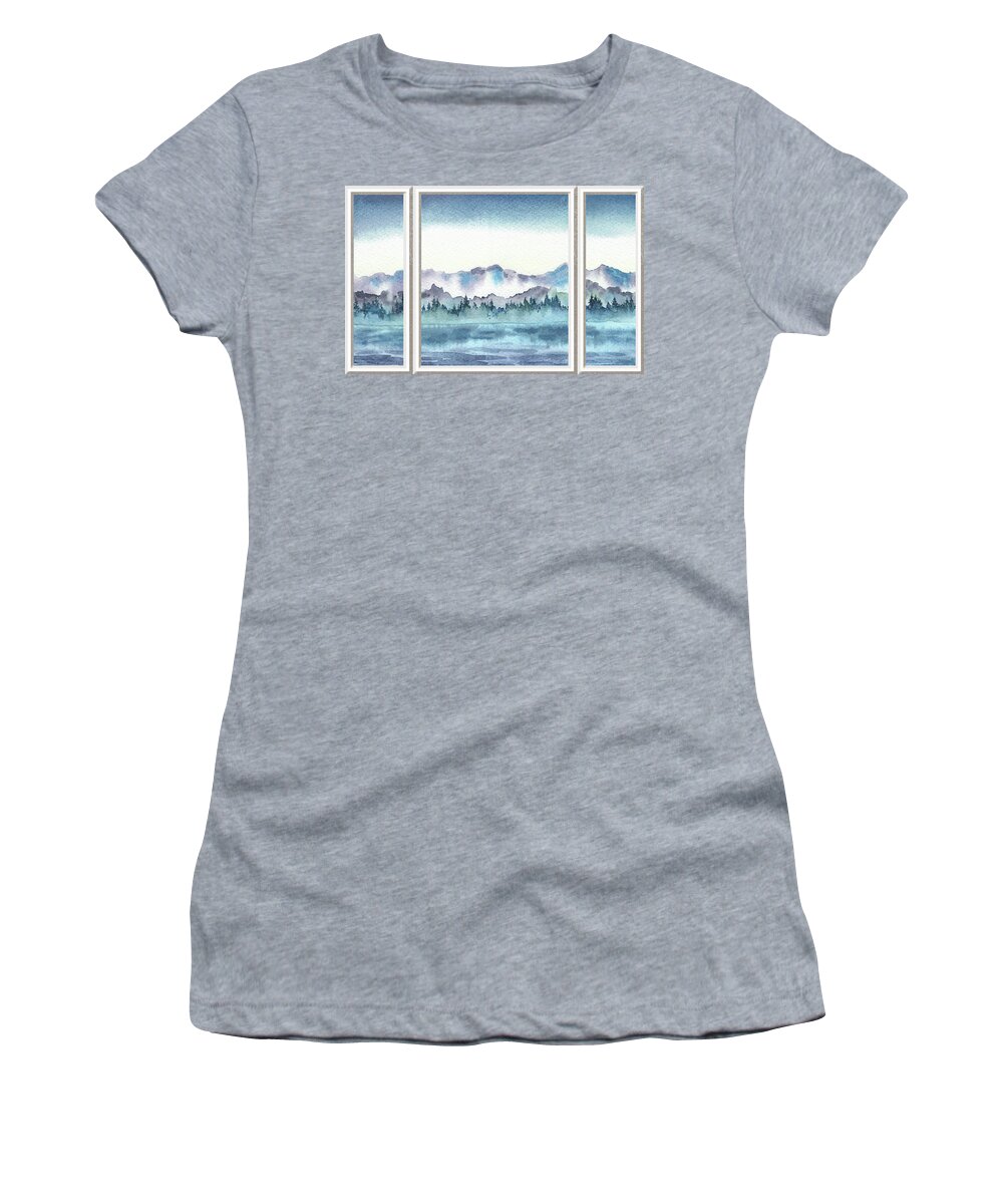 Window View Women's T-Shirt featuring the painting Lake House Window View Meditative Landscape With Calm Waters And Hills Watercolor V by Irina Sztukowski