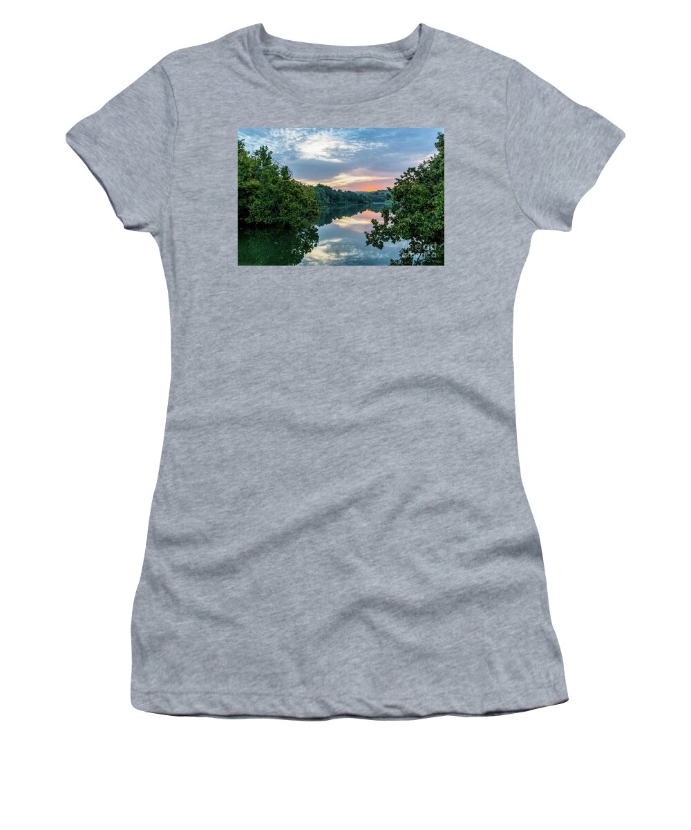 Lake Springfield Women's T-Shirt featuring the photograph Lake Springfield Golden Hour Sunrise by Jennifer White