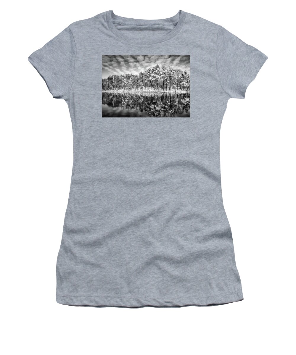 Black And White Women's T-Shirt featuring the photograph Lake Tighlman in Winter by Addison Likins