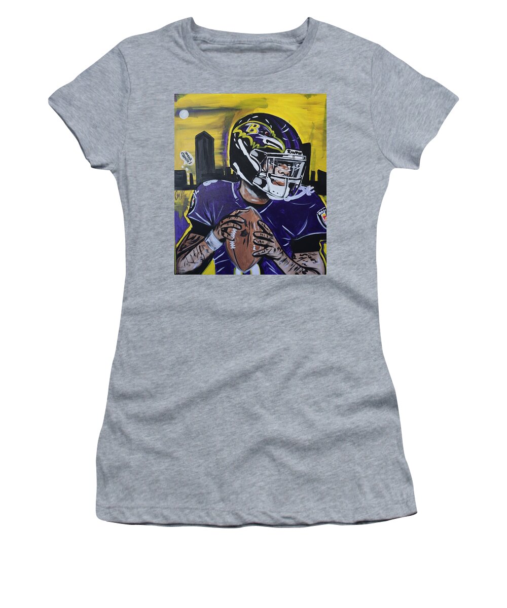 Lamar Jackson Women's T-Shirt featuring the painting Lamar Comin by Antonio Moore