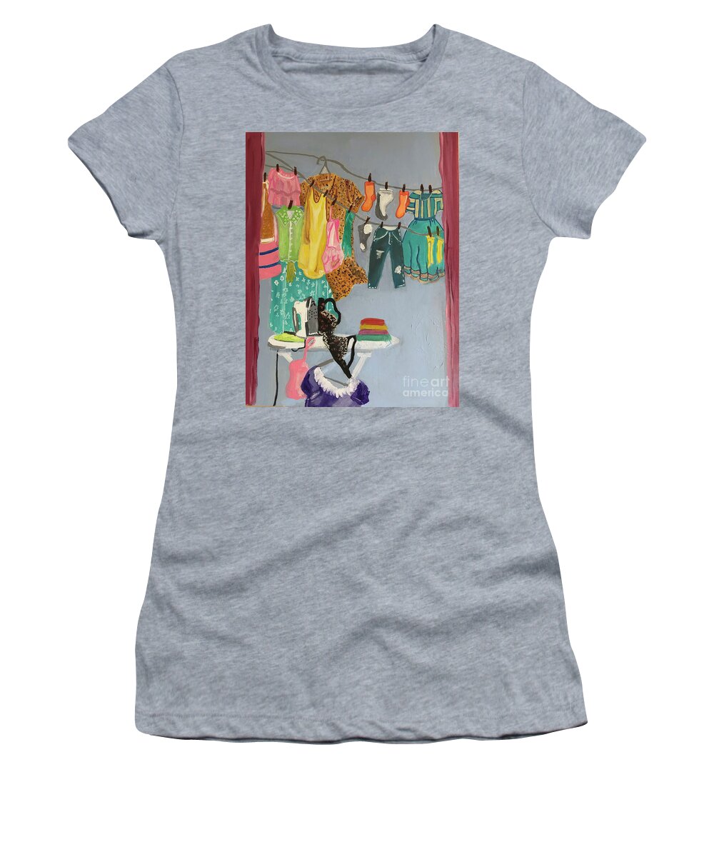 Domestic Chaos During Covid Women's T-Shirt featuring the painting Laundry Day by Theresa Honeycheck