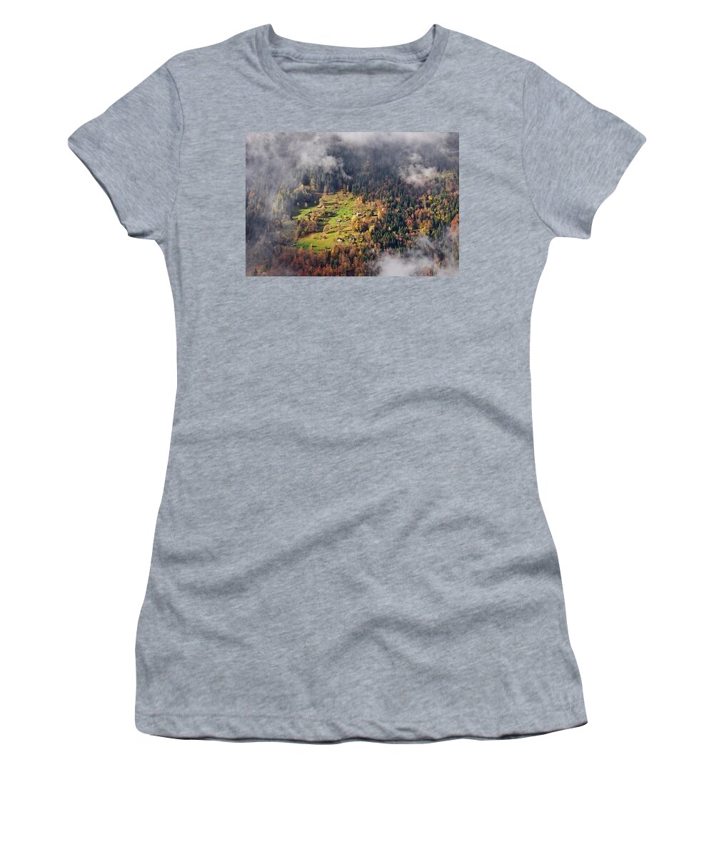 Fine Art Women's T-Shirt featuring the photograph Lauterbrunnen Valley View from Hiking Trail by Amelia Racca