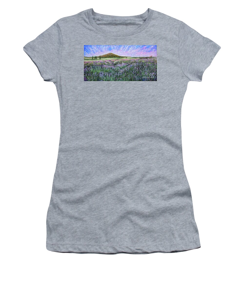 Landscape Women's T-Shirt featuring the painting Lavender Field Vista by Lyric Lucas