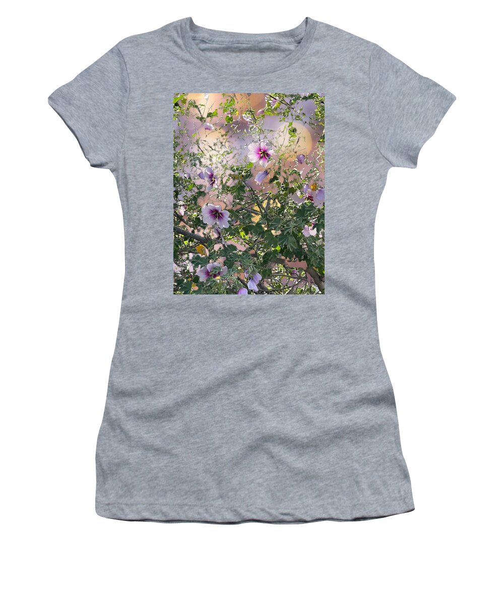 Lavender Purple Green Yellow Ivory Women's T-Shirt featuring the digital art Lavender Hibiscus with bokeh background by Kathleen Boyles