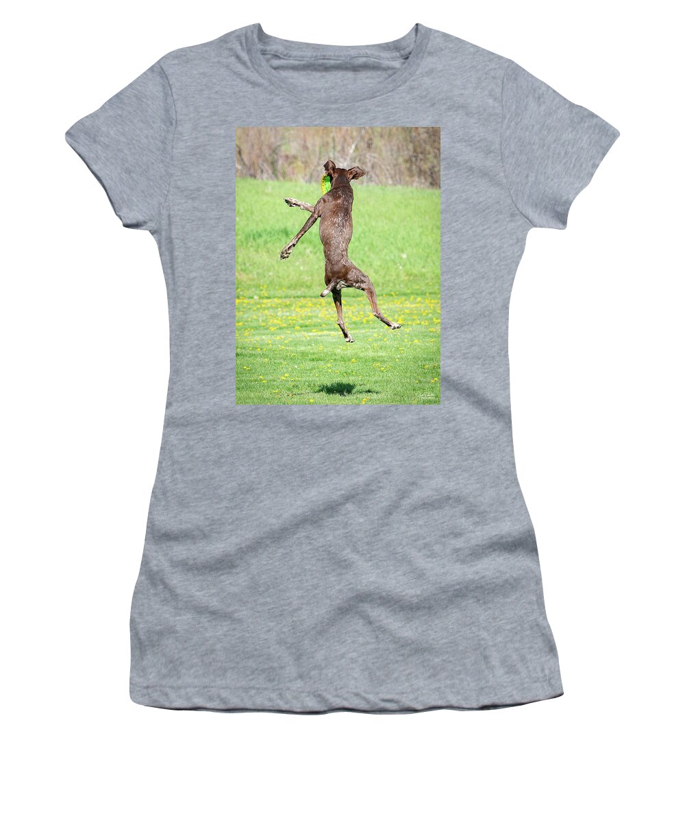 Dogs Women's T-Shirt featuring the photograph Leaping for the frisbee by Judi Dressler