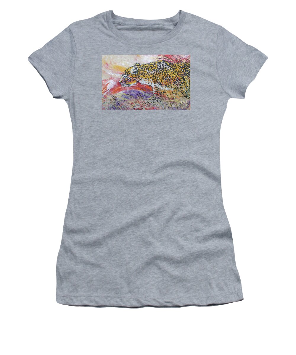 Leopard Women's T-Shirt featuring the painting Leopard's Gaze by Jyotika Shroff