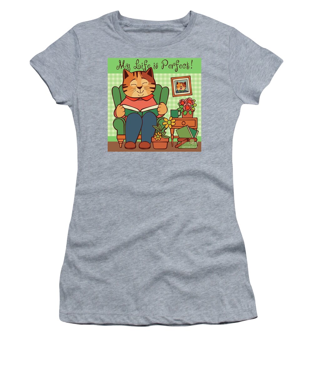 Home Women's T-Shirt featuring the digital art LIfe is Perfect Cat Reading Book at Home by Sue Cervenka
