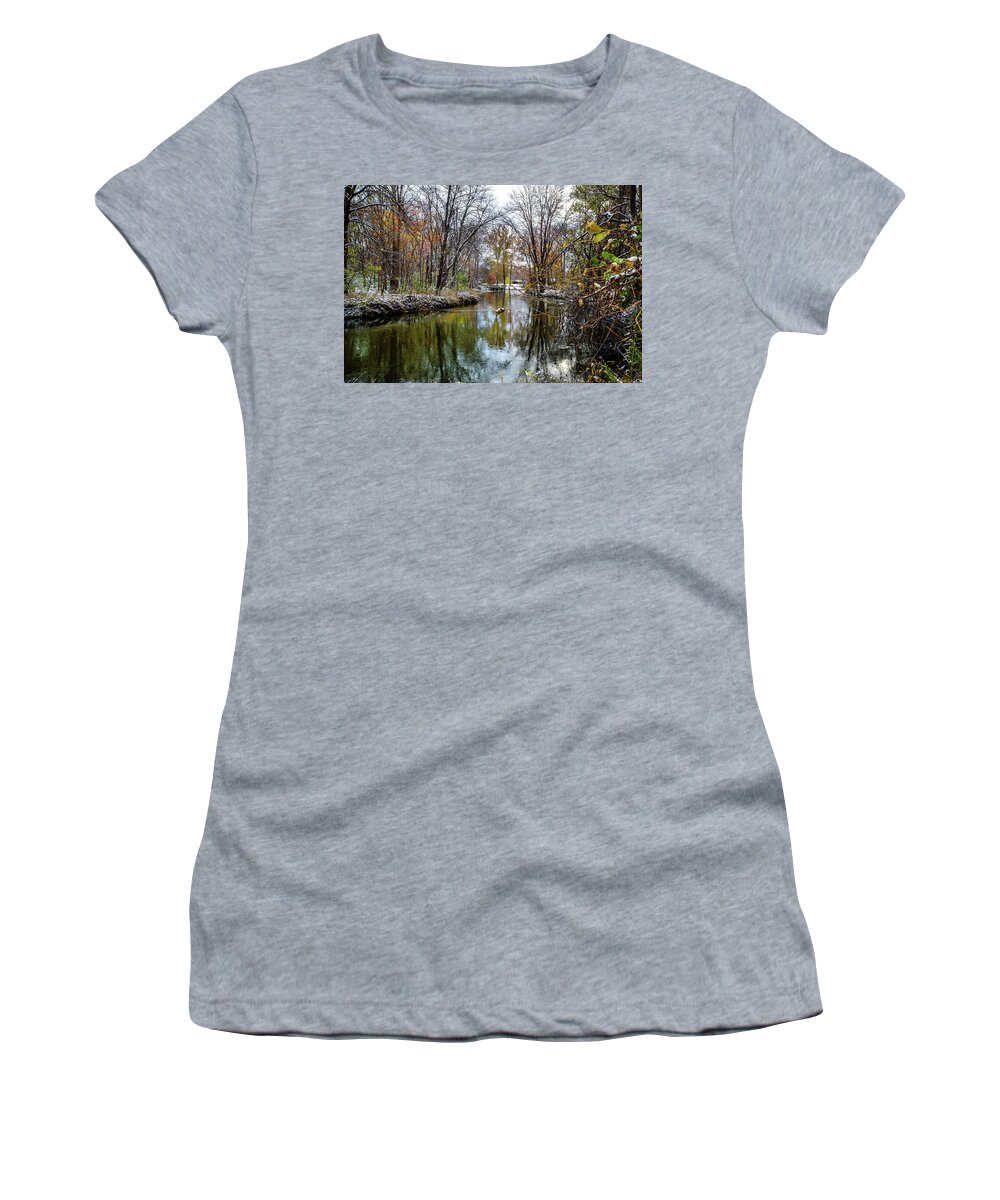 Rochester Women's T-Shirt featuring the photograph Light Snow on the Clinton River DSC_0811 by Michael Thomas