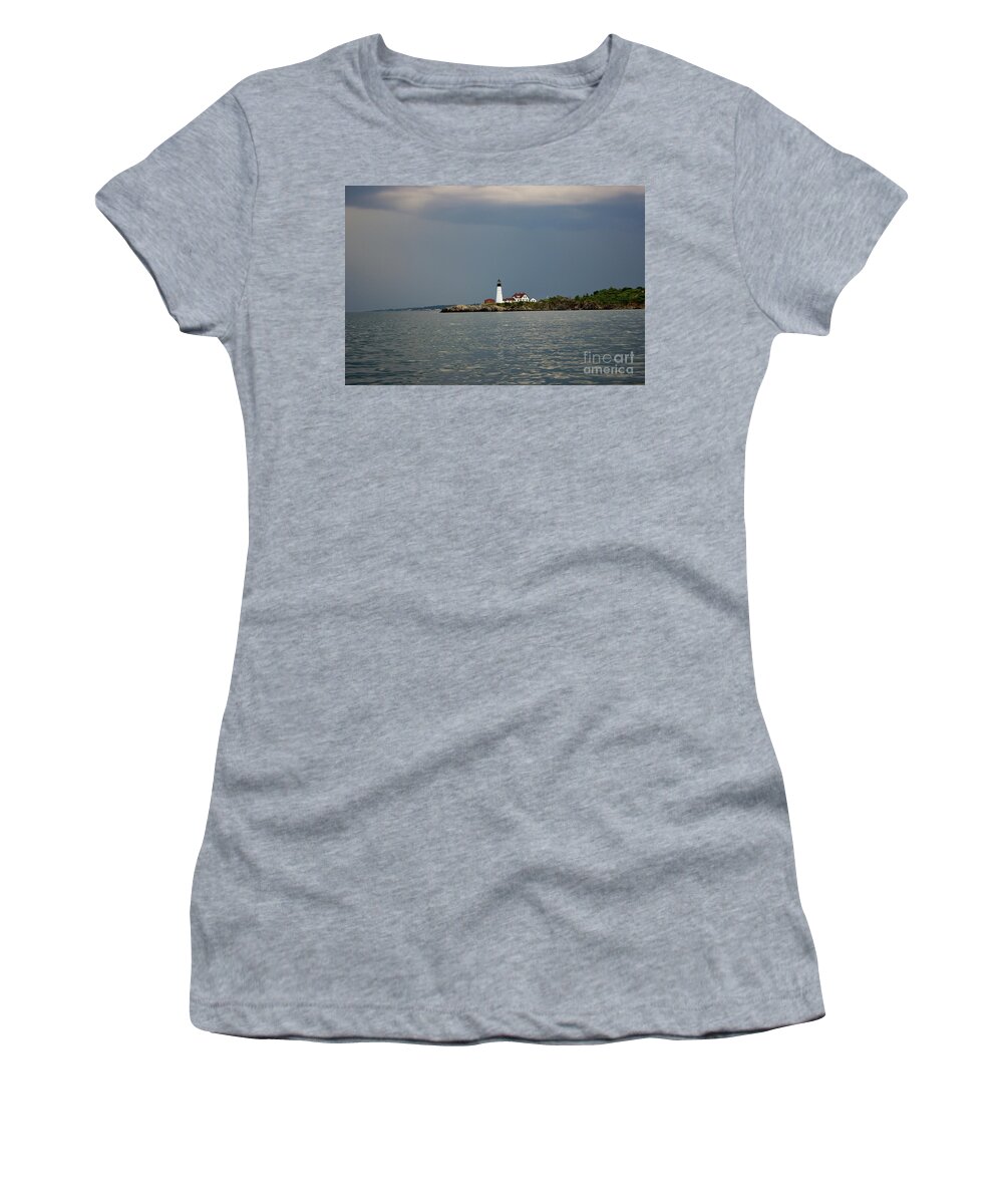 Portland Headlight Women's T-Shirt featuring the pyrography Lighthouse before the storm by Annamaria Frost