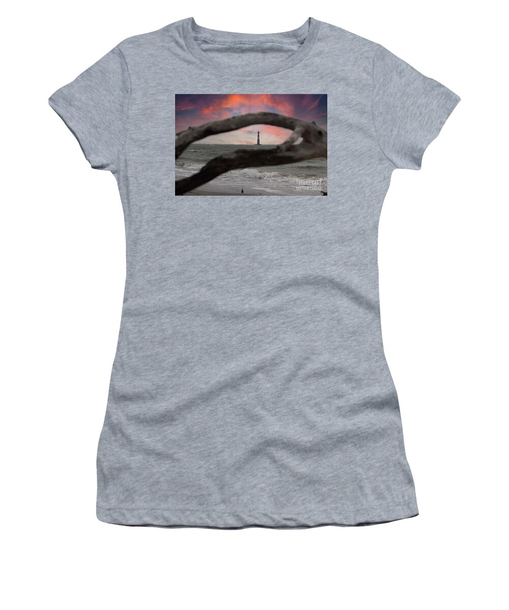 Morris Island Lighthouse Women's T-Shirt featuring the photograph Lighthouse Sunset - Morris Island Lighthouse by Dale Powell