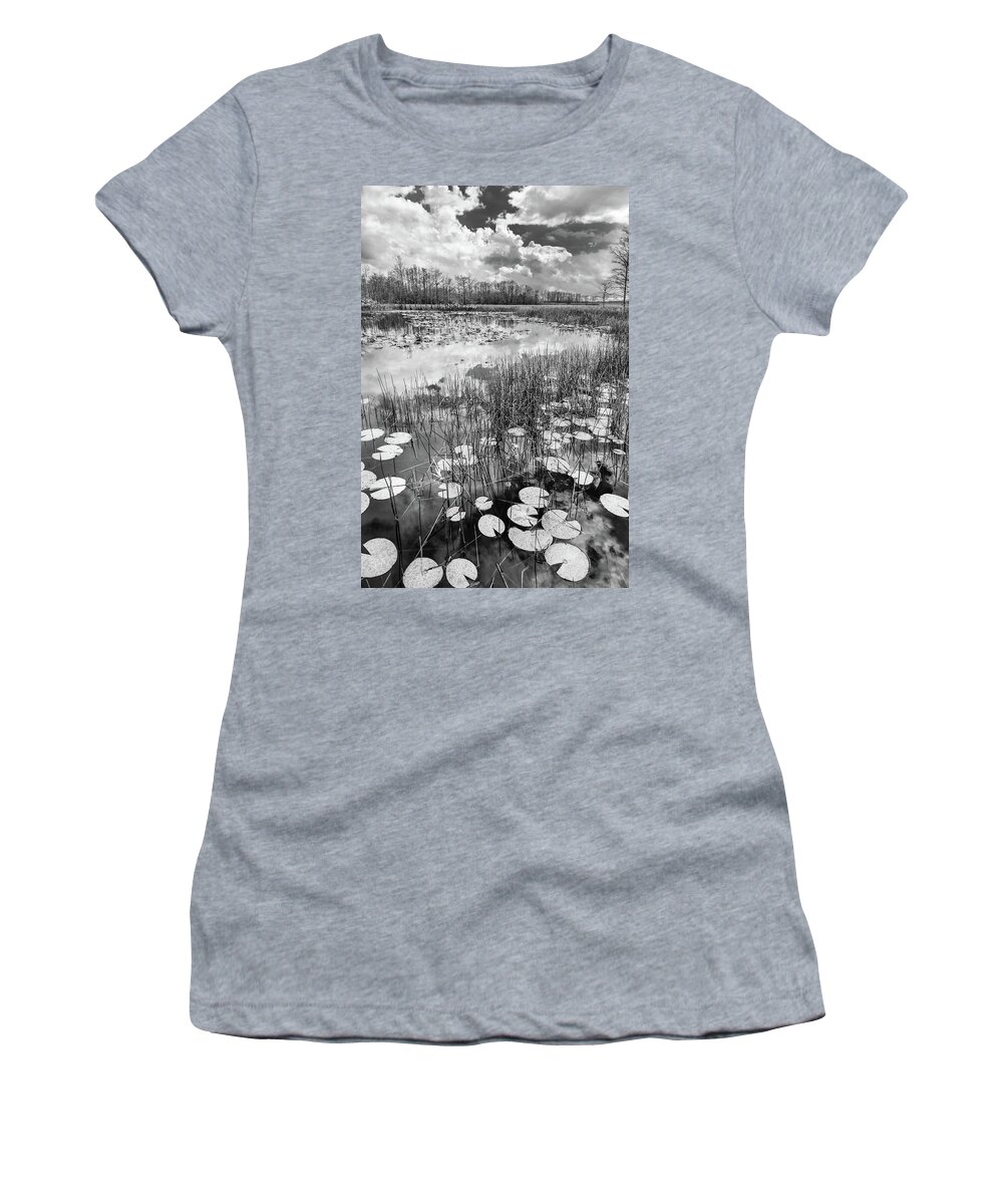 Clouds Women's T-Shirt featuring the photograph Lily Pads Floating on the Glades in Black and White by Debra and Dave Vanderlaan